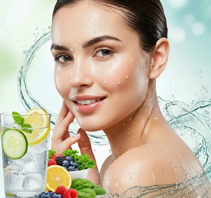 خانمی با پوست خیس در کنار آب و میوه های مفید 4168546