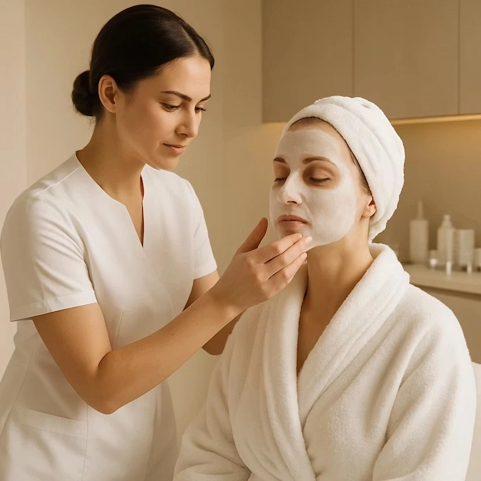 اسکین تراپیست در حال ماسک گذاشتن روی صورت مراجعه کننده 416546